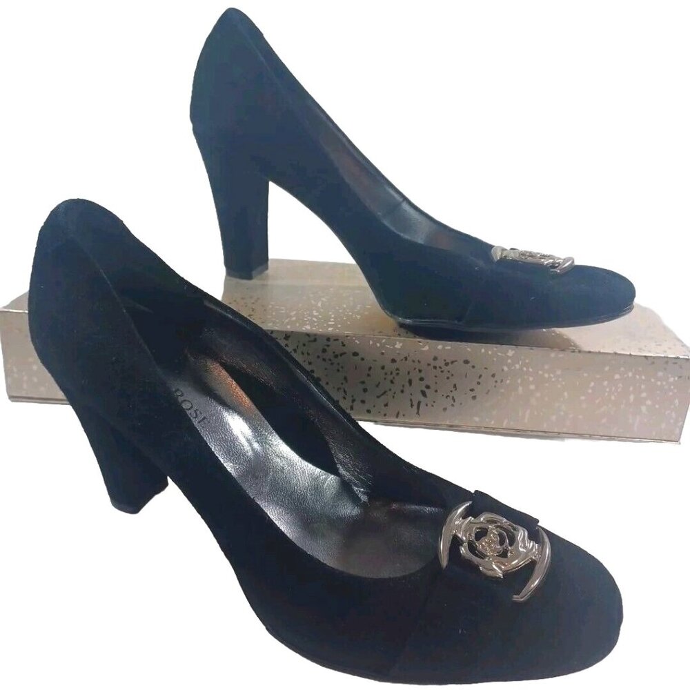 Taryn Rose Italy Heels 8 40½ Black Suede Pumps Silver Rose